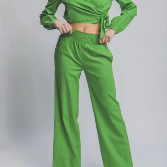 #15 🛑L Green CHIC & FABULOUS Linen Pants with Smocked Waist - Picture 1 of 16